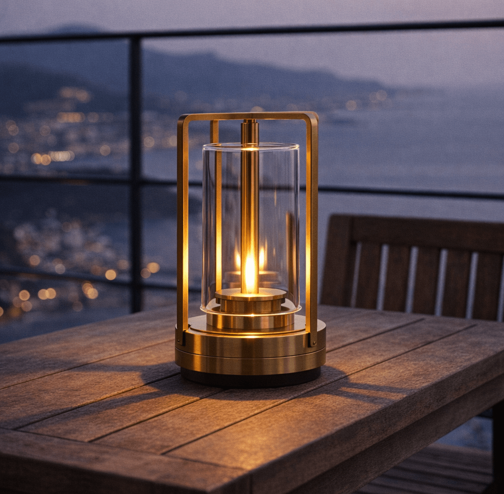 Solaran cordless lantern table lamp with a glass cylinder and gold metal frame on a wooden outdoor table emitting a warm glow with a balcony railing and distant water in the background
