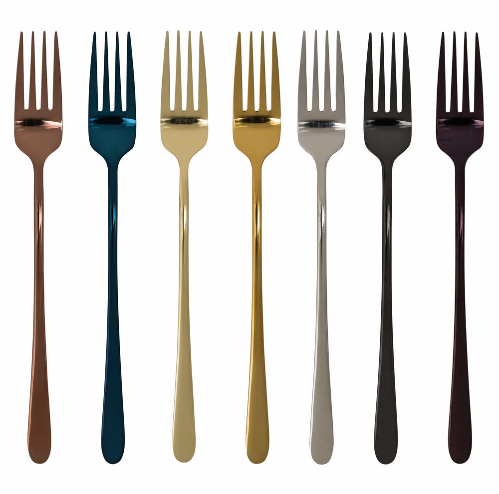 Row of seven plated forks in copper brown blue gold tones silver black and burgundy finishes on a white background