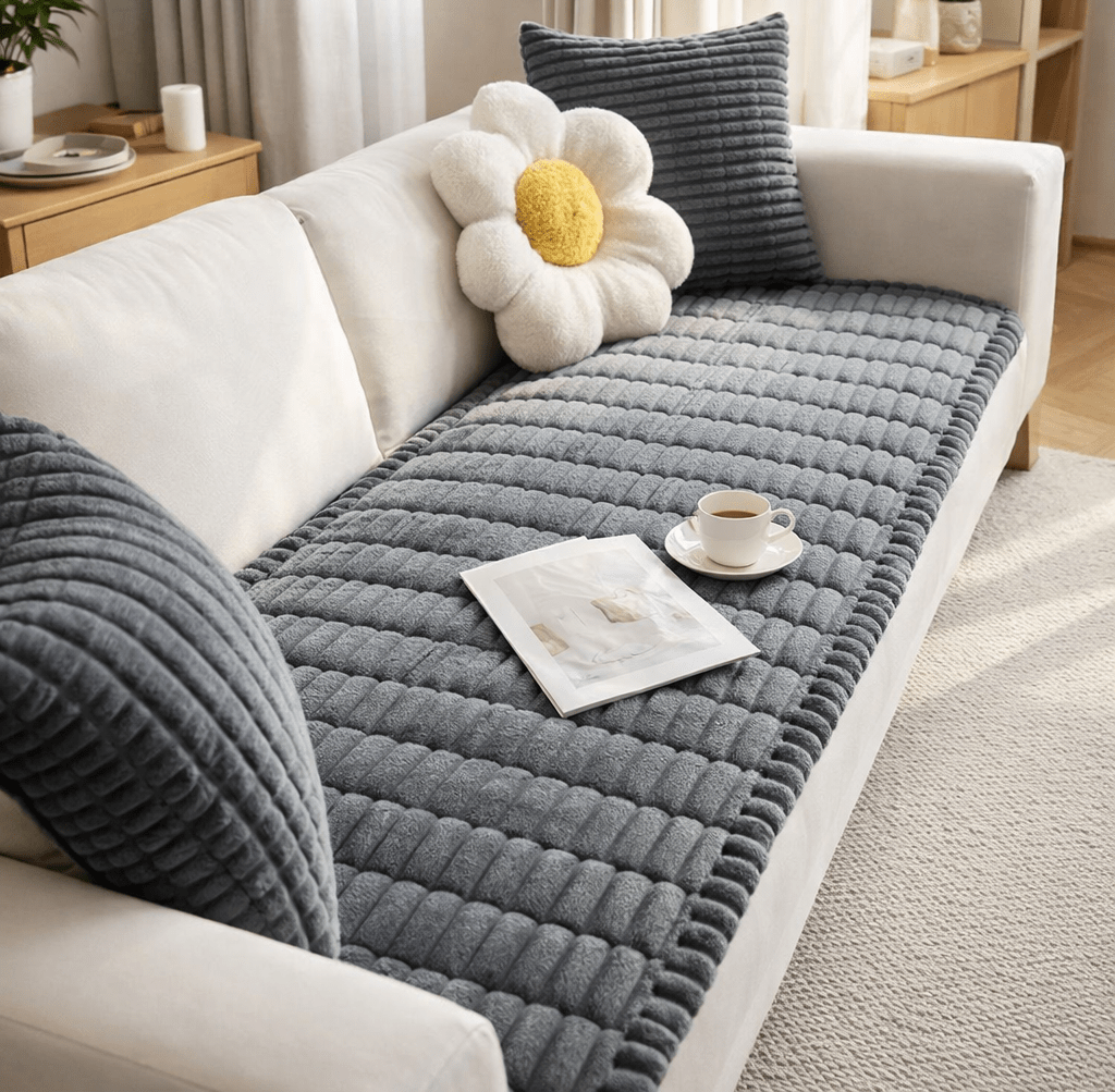 Gray quilted Veloura sofa cover on a light sofa with a dark gray ribbed cushion and a white flower shaped pillow, a magazine and a cup of coffee resting on the cover, and a wooden side table in the background