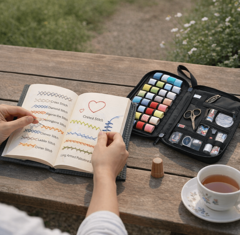 Hands stitch in a Willowmere embroidery stitch book with cloth pages showing different stitches while a black zip case holds colorful threads and sewing tools on a wooden table beside a cup of tea.