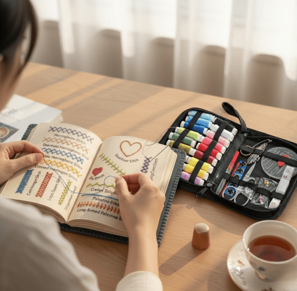 Open Willowmere embroidery stitch book with cloth pages showing colorful stitch diagrams and a heart design, a hand holds the page while a black kit case with colored threads scissors and tools sits on a wooden table beside a cup of tea