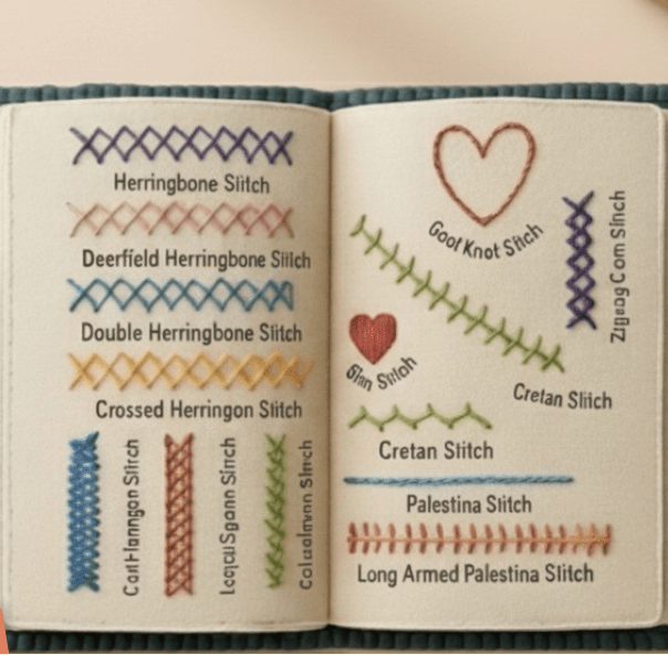 Willowmere embroidery stitch book open showing colorful stitch diagrams and labeled stitches on two pages