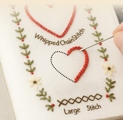 Embroidery sample on white fabric shows a red heart stitched with whipped chain stitch, a needle with red thread, leafy borders with small flowers, and the words Whipped Chain Stitch and Large Stich